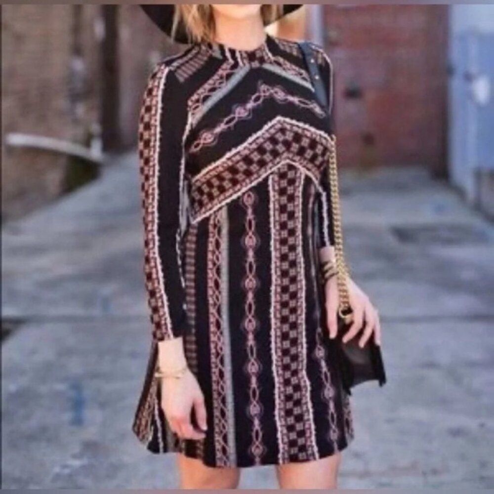 Free People Stella long sleeve knit mini dress seventies retro style mock neck M
